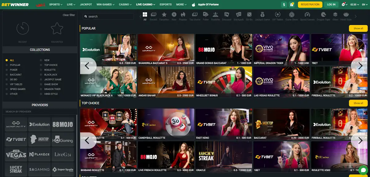 BetWinner Live dealer games Screenshot